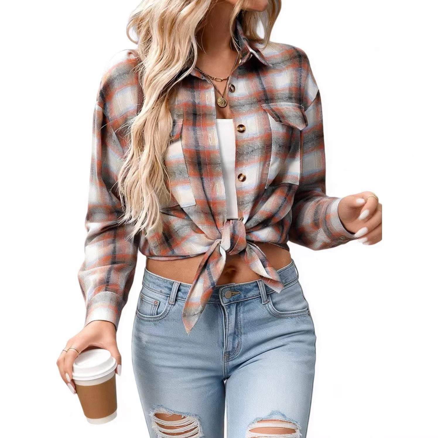 Amazon Autumn and Winter Cross-Border European and American Women's Clothing 2025 New Style Casual Fashion Loose Plaid Pocket Shirt for Women