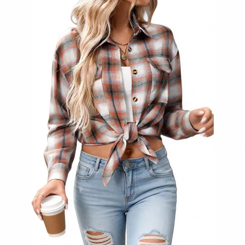 Amazon Autumn and Winter Cross-Border European and American Women's Clothing 2025 New Style Casual Fashion Loose Plaid Pocket Shirt for Women Amazon Autumn and Winter Cross-Border European and American Women's Clothing 2025 New Style Casual Fashion Loose Plaid Pocket Shirt for Women
