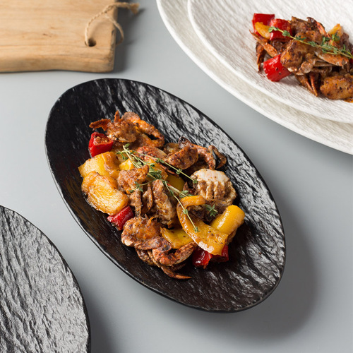 Restaurant hotel Japanese rock texture oval fish plate large household braised steamed fish plate light luxury western food plate tableware