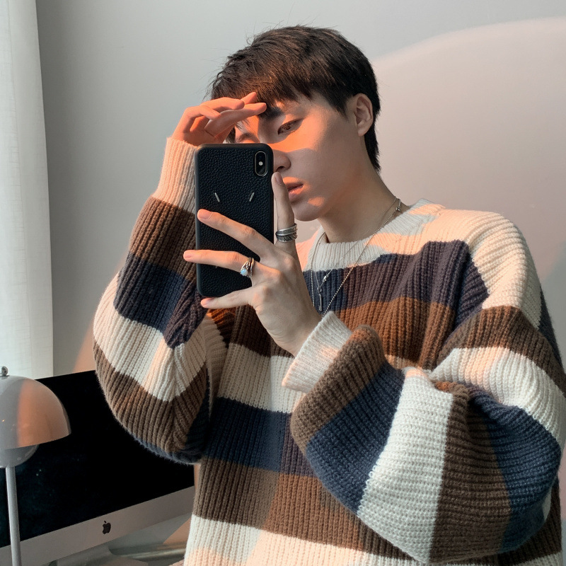 Men's Sweater Autumn/Winter Color-Block Striped Crew Neck Knit Sweater Retro Hong Kong Style Korean Version Loose Lazy Style Sweater