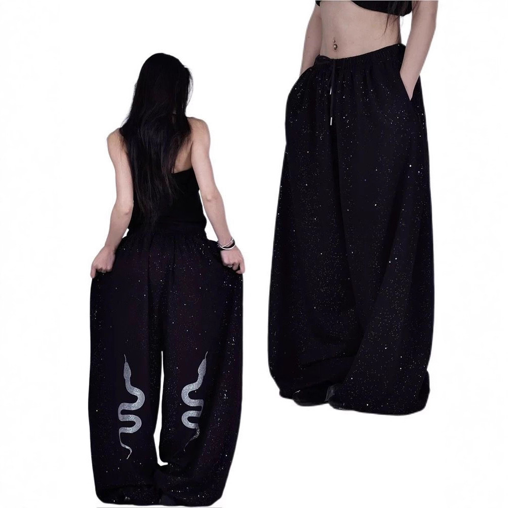 American-Style Rhinestone-Studded Sparkling Snake Print Loose Women's Street Dance Jazz Casual Sweatpants