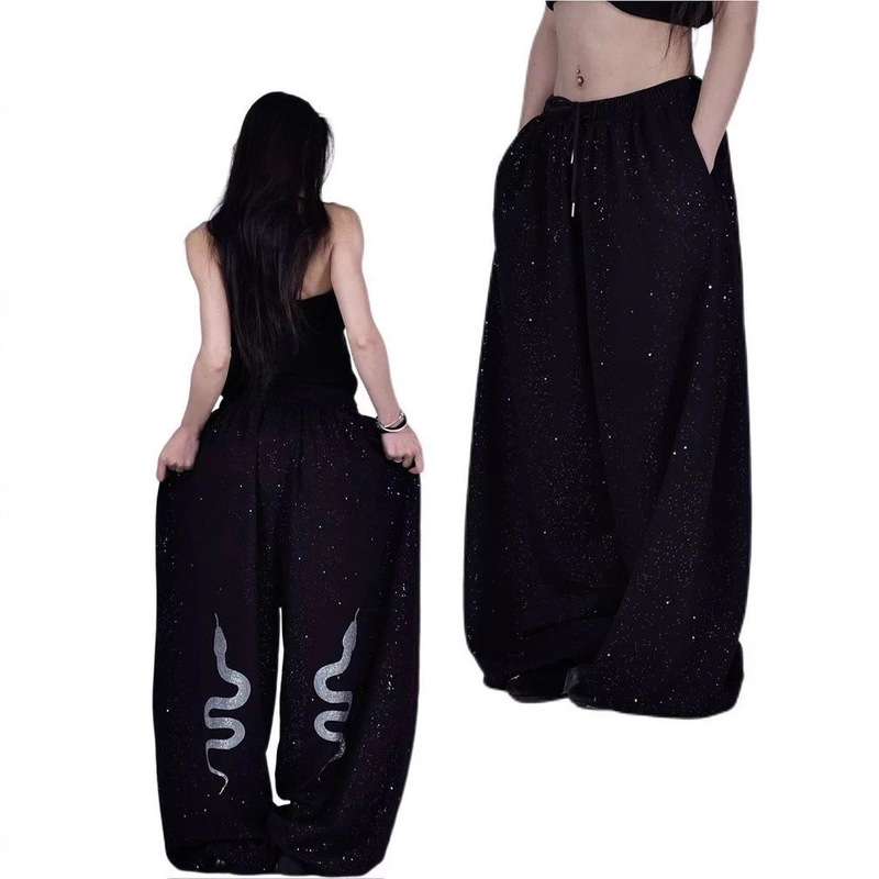 American-Style Rhinestone-Studded Sparkling Snake Print Loose Women's Street Dance Jazz Casual Sweatpants