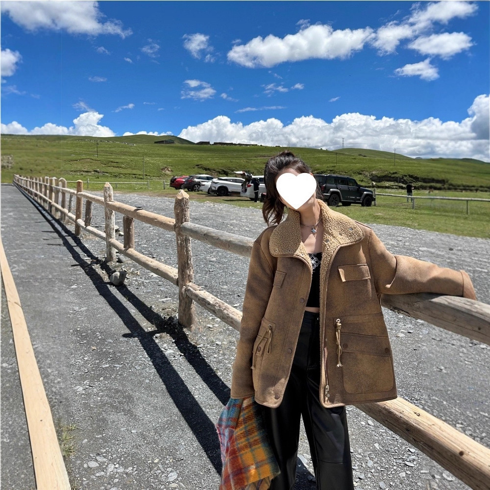 Sheepskin Integrated Lamb Wool Coat for Women 2024 New Autumn and Winter Thickened Suede Reversible Biker Jacket Maillard