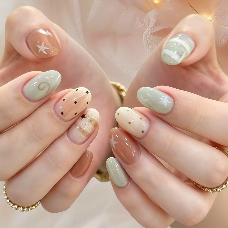 Milk Coffee Gray Tone Starburst Color-Changing Wearable Nail Strips with Stripes and Polka Dots, Girly Style for Daily Commuting, Short Oval Nail Stickers Milk Coffee Gray Tone Starburst Color-Changing Wearable Nail Strips with Stripes and Polka Dots, Girly Style for Daily Commuting, Short Oval Nail Stickers