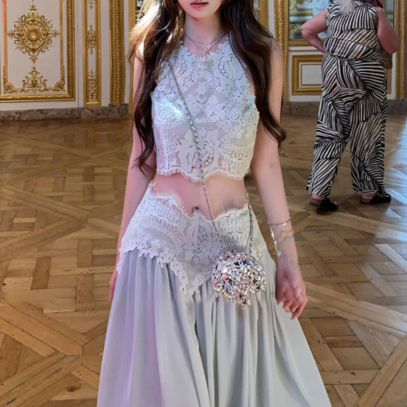 2025 夏の新ルーブルファンタジーエレガントで甘い絶妙なまつげレーストップ + ロングスカートスーツ女性のための|undefined
