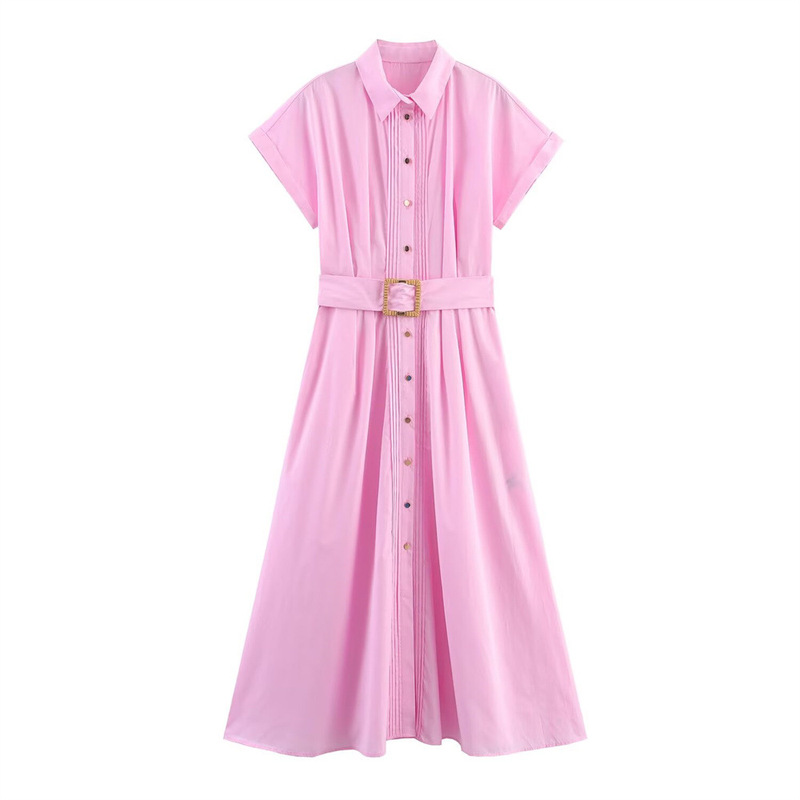 2025 New Summer Women's Casual Slim European and American Cross-Border Belted Poplin Midi Dress 2025 New Summer Women's Casual Slim European and American Cross-Border Belted Poplin Midi Dress
