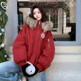 红色高级感大毛领派克羽绒服女2025冬季新款防风保暖冲锋衣外套潮