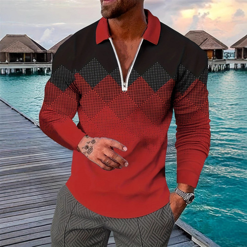 New Men's 3D Printed Casual Long-Sleeve European and American Fashion Simple Trend Polo Shirt