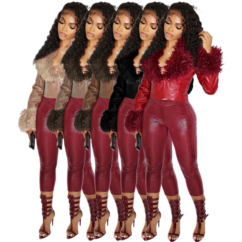 Hr25063 European and American Fashion Women's Clothing Plush Collar V-Neck Buckle Cardigan Short Waist-Cinching Leather Jacket Top for Women