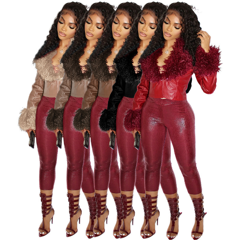 Hr25063 European and American Fashion Women's Clothing Plush Collar V-Neck Buckle Cardigan Short Waist-Cinching Leather Jacket Top for Women