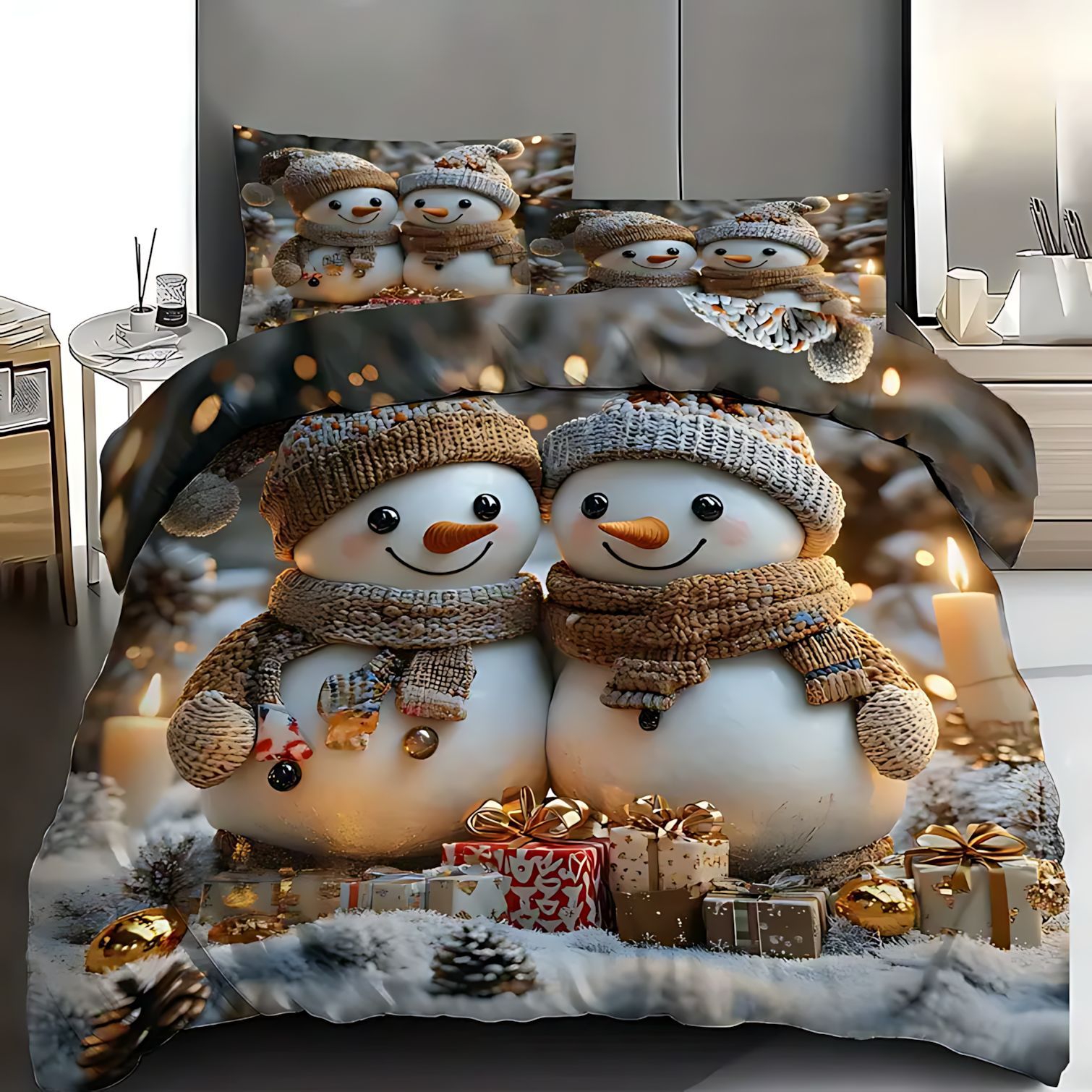 TEMU / JIT Amazon invierno muñeco de nieve HD impresión digital colcha de cama set para dibujar