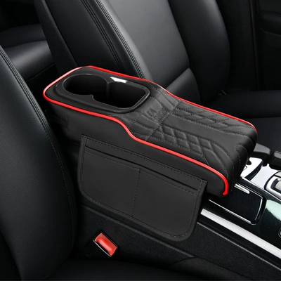 Leather Comfortable Elbow Rest, Dual — Armrest box - small-vertical-color-cup-holder-black-red-stitching-fits-vehicles-with-14mm-width