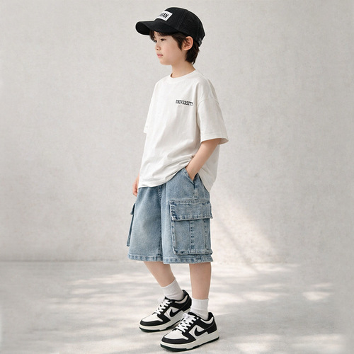 Boys 'summer denim shorts 2026 new children's wear Korean loose, handsome, fashionable and thin quarter pants