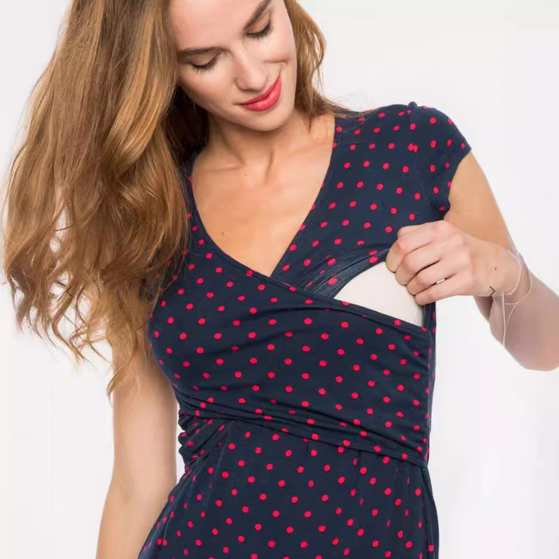 European and American Foreign Trade popular version AliExpress wish chest cross V-neck maternity dress polka dot printed short sleeve nursing clothes
