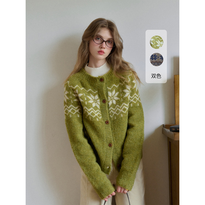 Simpleretro Norwegian Forest Wool Loop Yarn Fair Isle Sweater Women's Autumn Lazy Style Sweater Jacket