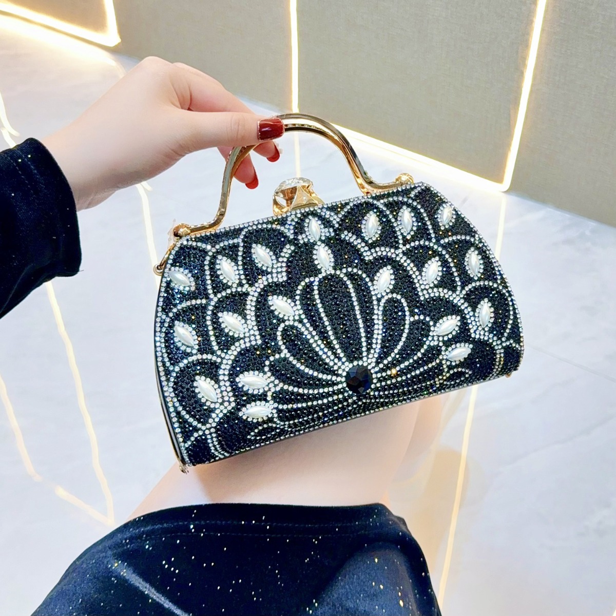 新款跨境太陽花合金水鑽雕花手提包旗袍包女小手包斜跨包晚宴會包