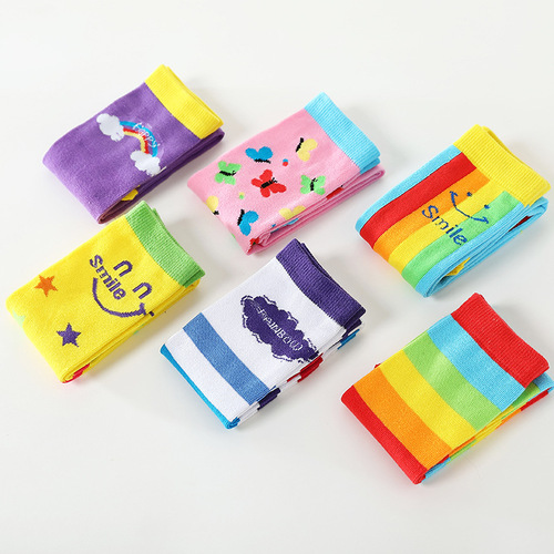  spring and autumn new style rainbow striped children's mid-calf socks, cotton knee-high socks, high socks for boys and girls