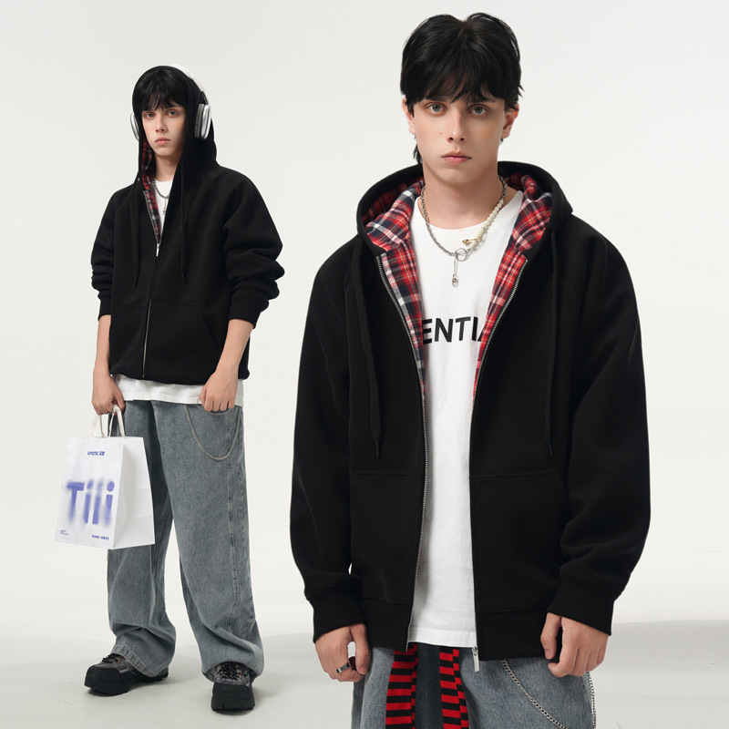 420 g schwerer, geblümter grauer Partner-Hoodie für Damen und Herren, Oversize-Patchwork-Karojacke für den frühen Herbst_voghion.com