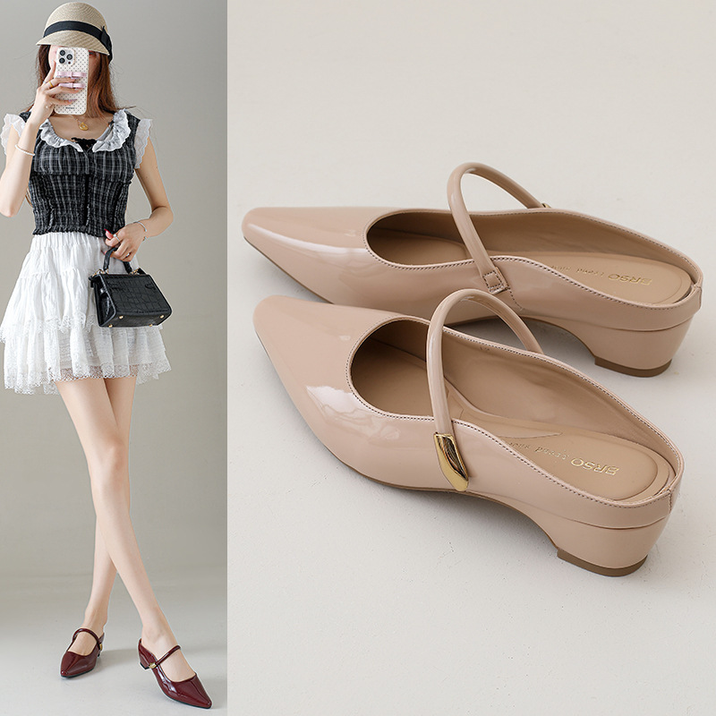 Soft Leather Version~Nude Color Closed-Toe Slip-On Mules for Women, 2026 Spring/Summer New Pointed-Toe High Heels with Hidden Height Increase Soft Leather Version~Nude Color Closed-Toe Slip-On Mules for Women, 2026 Spring/Summer New Pointed-Toe High Heels with Hidden Height Increase