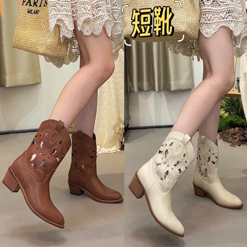 2026 Summer New Style Hollow-Out Western Cowboy Boots for Women, Xinjiang Grassland Style Long Boots, Retro Thick-Soled