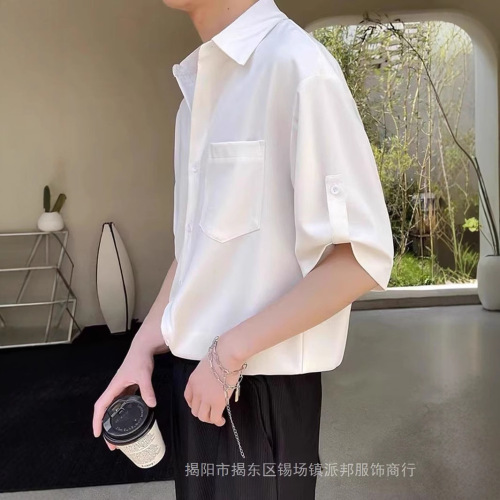 Men's Short Sleeve Han Style Trendy Top, 7/8 Sleeve Blouse, Light Mature Style, Cooler Style Summer Ice Silk Feeling Collarless Shirt