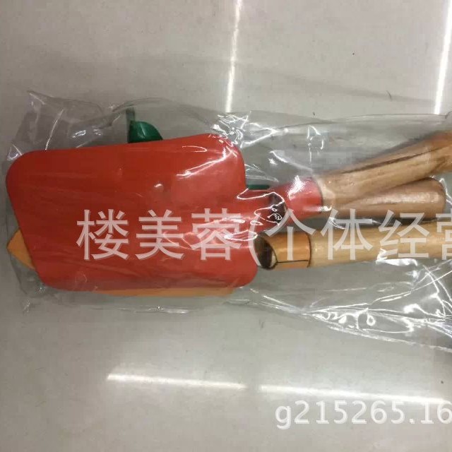 T021-3PC儿童木柄园林工具套装吊卡，铲子，耙子