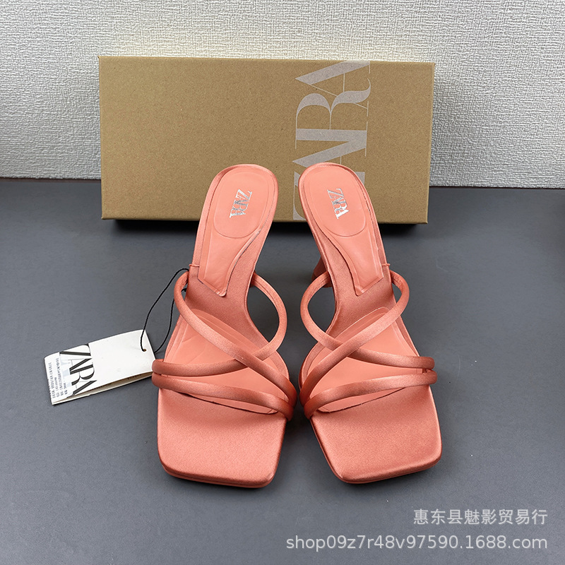 ZA2023 autumn new women's shoes coral red cross strap silk satin texture high heel shoes square toe back empty sandals