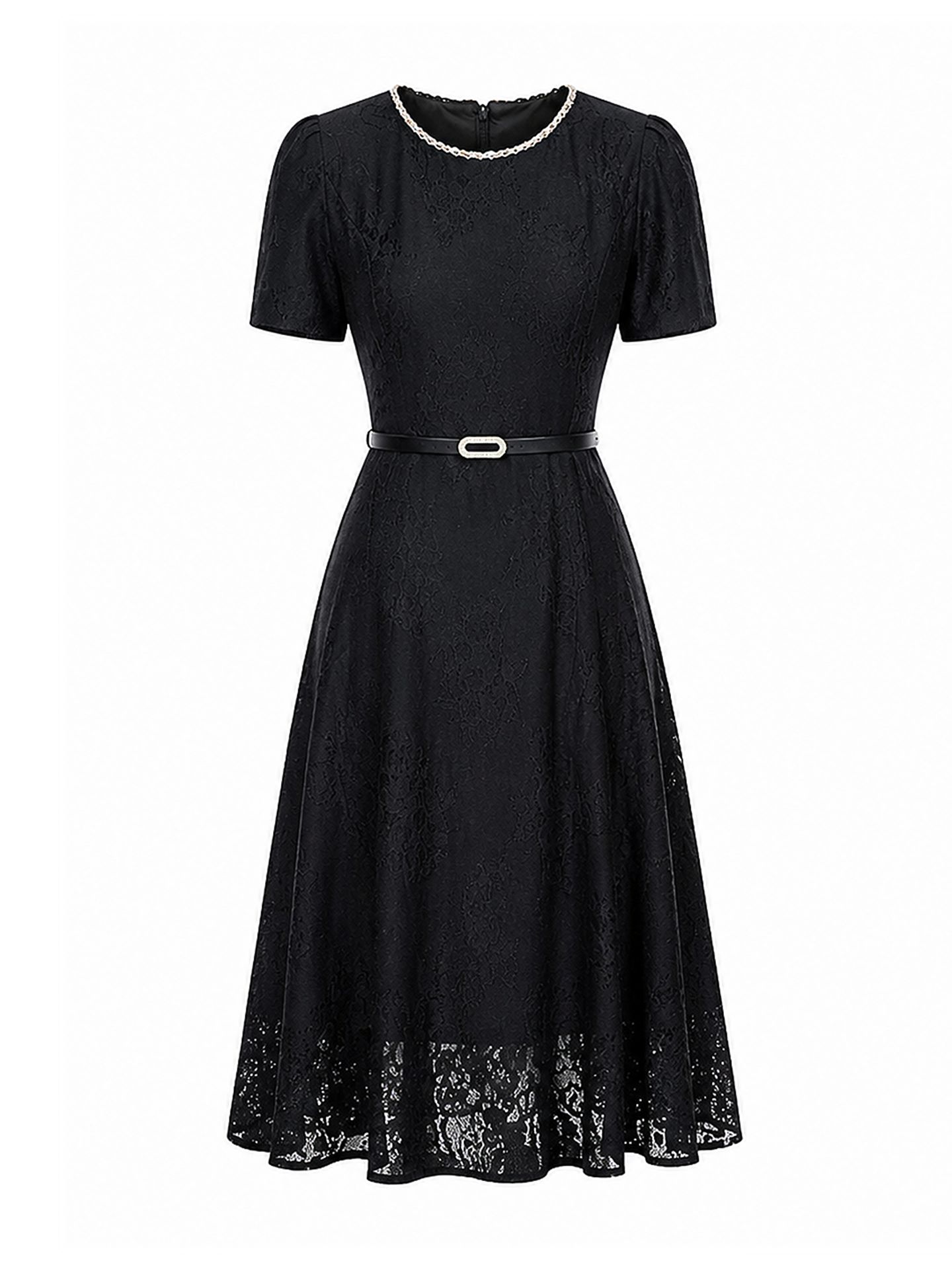 Đầm suông nữ midi thắt eo ren đính đá jacquard chữ A — màu đen