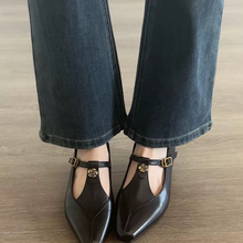 山茶花气质方头浅口中跟法式单鞋商务女士经典黑色职场通勤高跟鞋