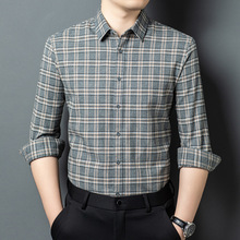 秋冬新款中青年男式莫代尔棉长袖衬衫潮流格子宽松商务休闲衬衣男