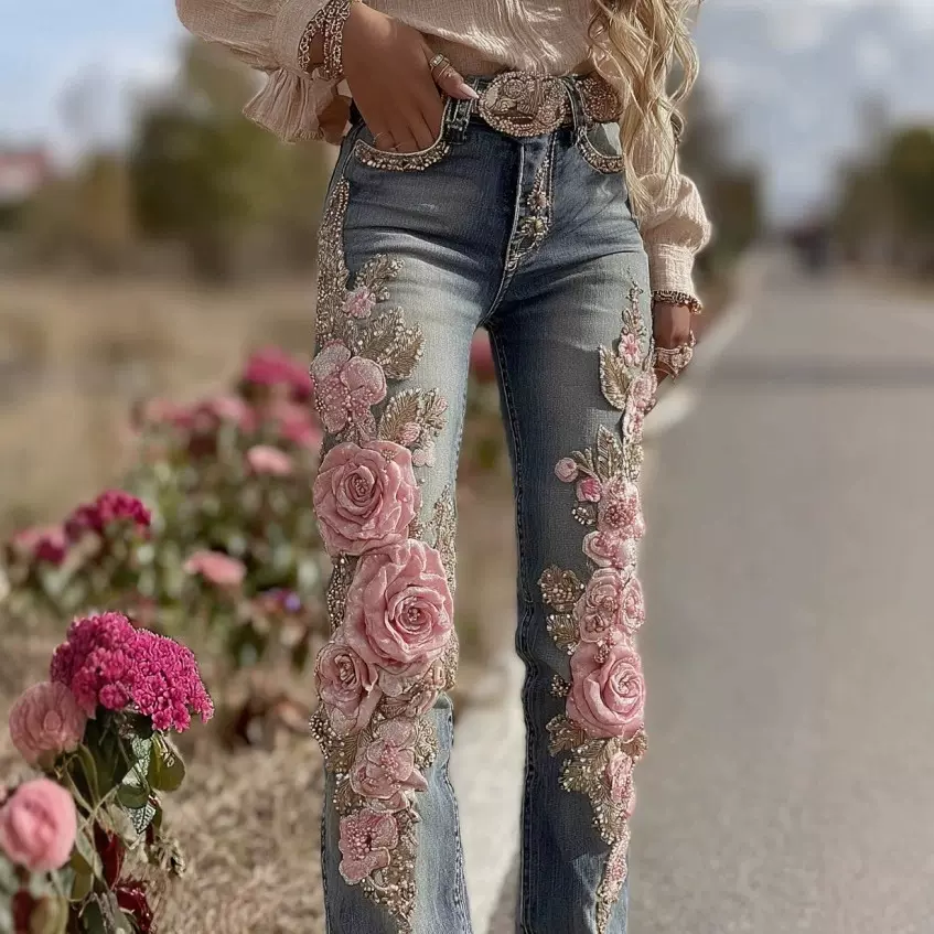 数码3D印花亚马逊欧美跨境女装仿真牛仔裤女长裤彩色花朵仿牛仔裤
