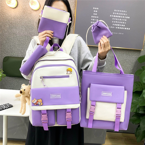 New five-piece schoolbag set for women Korean version Harajuku contrasting color large-capacity nylon backpack for middle school students customized cross-border