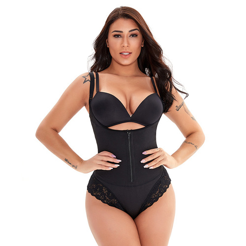 Cross-border European and American rubber shapewear tummy control suspender bustier lace zipper hip-lifting one-piece body shaper for women