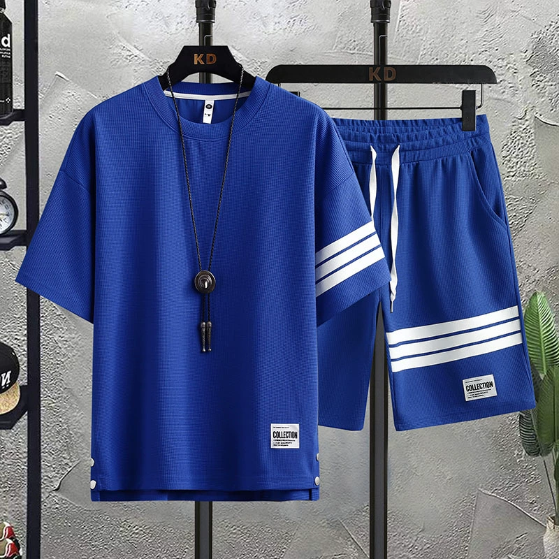 Мужской летний спортивный костюм-двойка в стиле casual, свободный крой, большой размер, модный бренд, вафельная ткань, шорты и футболка с коротким рукавом