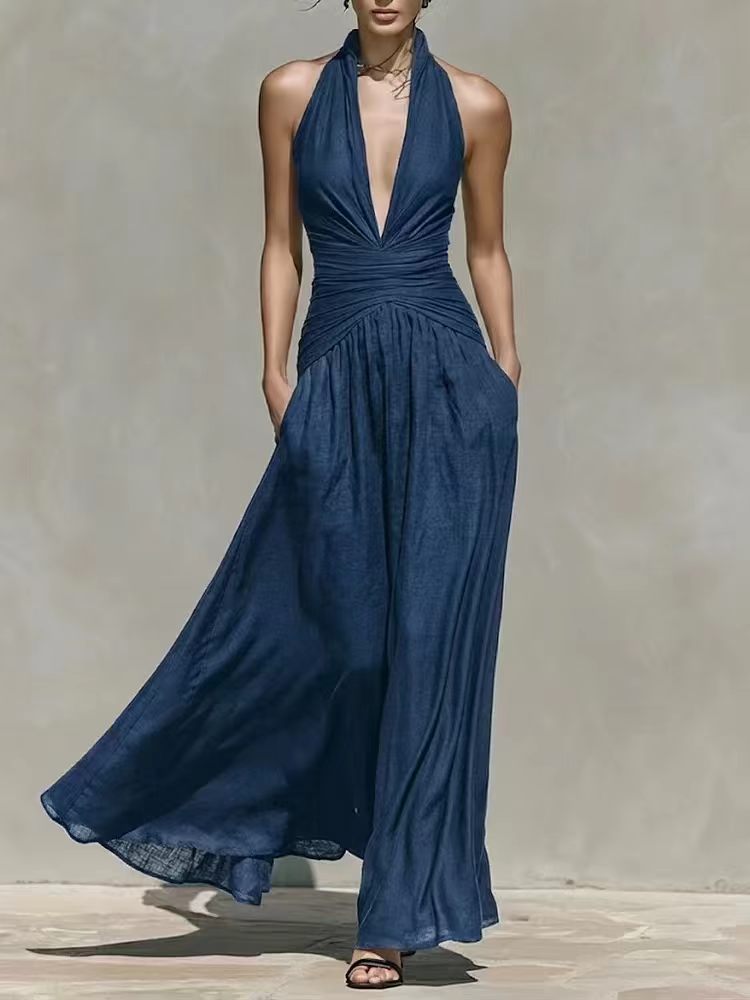 Comercio exterior exclusivo para Europa y América sexy cuello profundo vestido de cuello en V cintura delgada vestido de vacaciones largo sin mangas