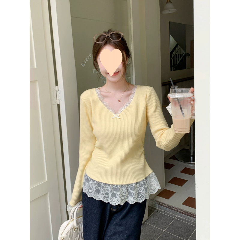 Creamy Yellow Lace Splicing Collar Bottoming Shirt for Women in Autumn and Winter Pure Desire Warm Inner with Bell Sleeves German Velvet Top