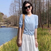韩系蓝色针织开衫披肩女夏季吊带外搭薄纱上衣空调衫防晒罩衫