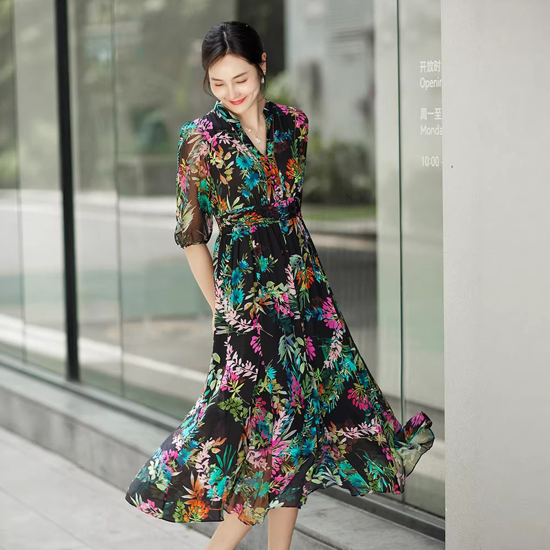 90415 French Silk Dress 2024 Summer New Women's Clothing Elegant Mid-Length Plant Print Beaded Dress 90415 French Silk Dress 2024 Summer New Women's Clothing Elegant Mid-Length Plant Print Beaded Dress