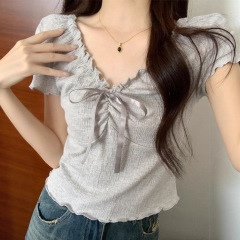 纯棉面料抖音天猫质量 法式甜美风温柔风短袖T恤女夏季小个子修身