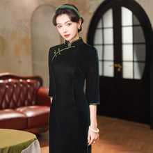 春季新款纯色旗袍绿色年轻款复古修身显瘦气质优雅中式礼服