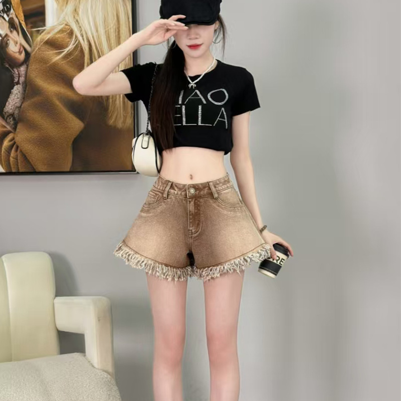 Brown Raw Edge Sexy Denim Shorts 2025 New Mid-Waist Leg-Lengthening Wide-Leg Pants