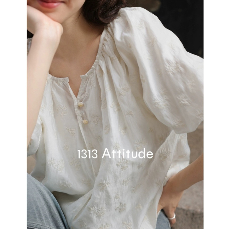 1313 French fine crochet flowers! 90% Cool Tencel Lantern Sleeve Short-sleeved Chiffon Top Summer Blouse 1313 French fine crochet flowers! 90% Cool Tencel Lantern Sleeve Short-sleeved Chiffon Top Summer Blouse
