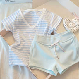 夏季新款2026海盐蓝条纹V领睡衣女款可外穿短袖短裤家居服两件套