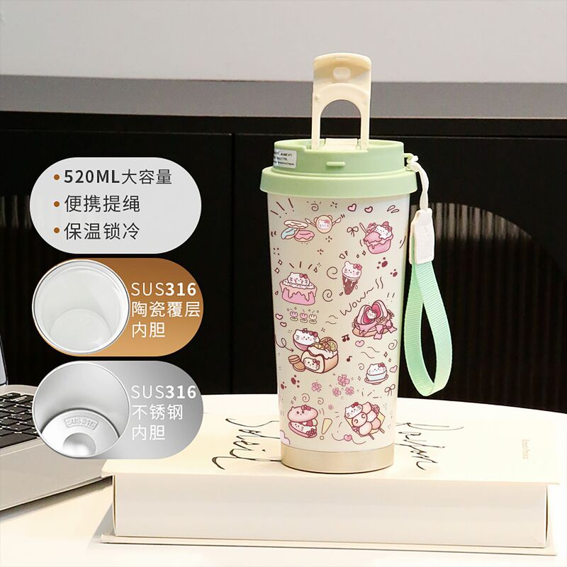 新款童趣咖啡杯316不锈钢保温杯卡通带吸管杯子双饮高颜值喝水杯|undefined