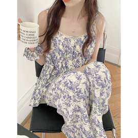 2025夏棉吊带睡衣套装花边居家服可爱休闲碎花带发圈二件套