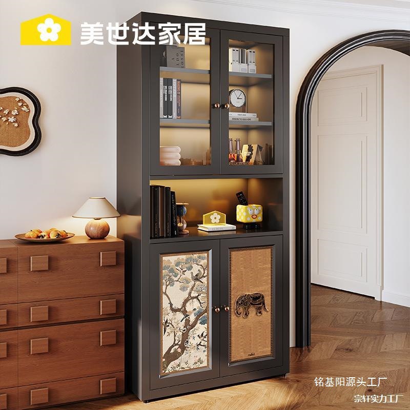 Medieval Style Combination Bookcase Display Home Living Room Steel Bookshelf Floor-Standing Storage Rack Iron Glass Door Others
