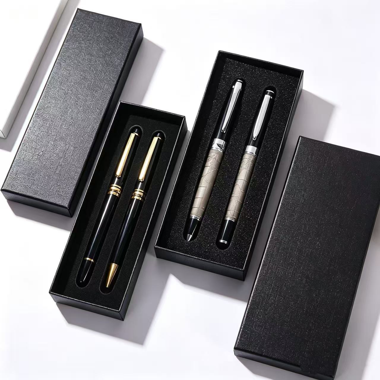 Cross-border gift set: a set of two metal pens in a gift box, with customizable logo printing. Includes ballpoint pens and fountain pens, available for wholesale