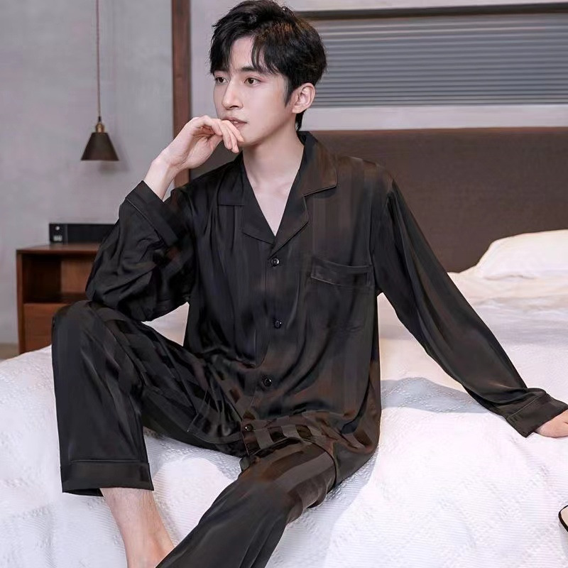 2026 New Spring and Autumn Men's Ice Silk Pajamas, Long-Sleeved, Thin, Loose, Luxurious Satin Men's Loungewear, Cross-Border