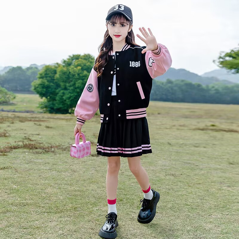 Chaqueta de béisbol para niñas conjunto de dos piezas de primavera y otoño 2023 nuevos niños medianos y grandes ropa de estudiante traje de niña Falda plisada