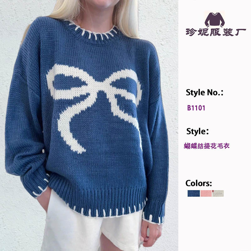 Cross-Border Amazon Women's Bow Jacquard Knitwear Autumn and Winter Lazy Style Loose Warm and Comfortable Pullover Knitwear